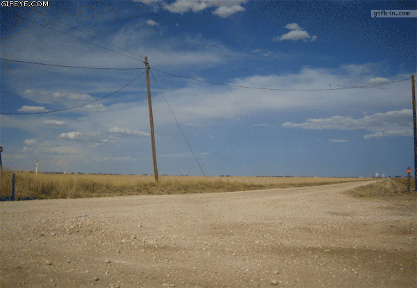 A tumbleweed crosses a barren desert scene in a repeating animation.
