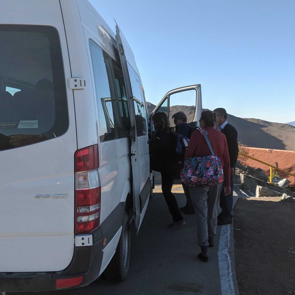 Emily, Amali, Laird, and Katie embarking on the bus ride down to El Pino.