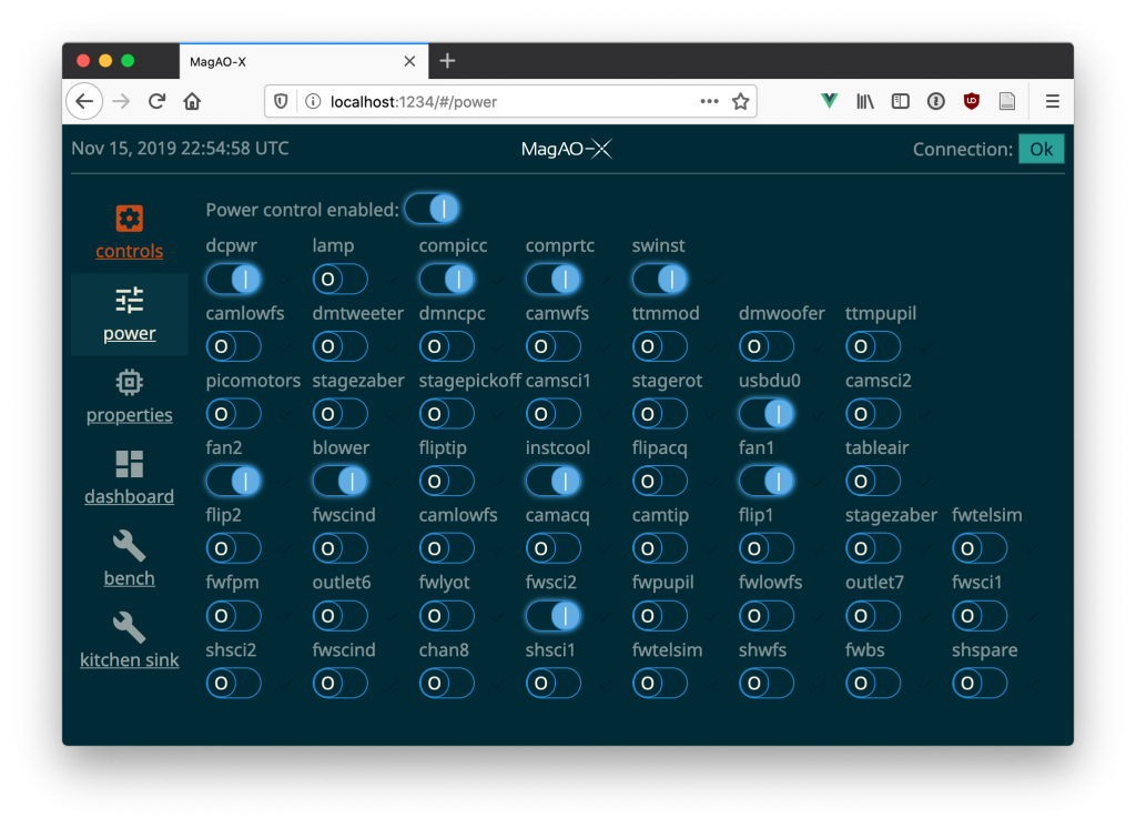 Screenshot of the MagAO-X web interface showing rows of virtual power toggle switches