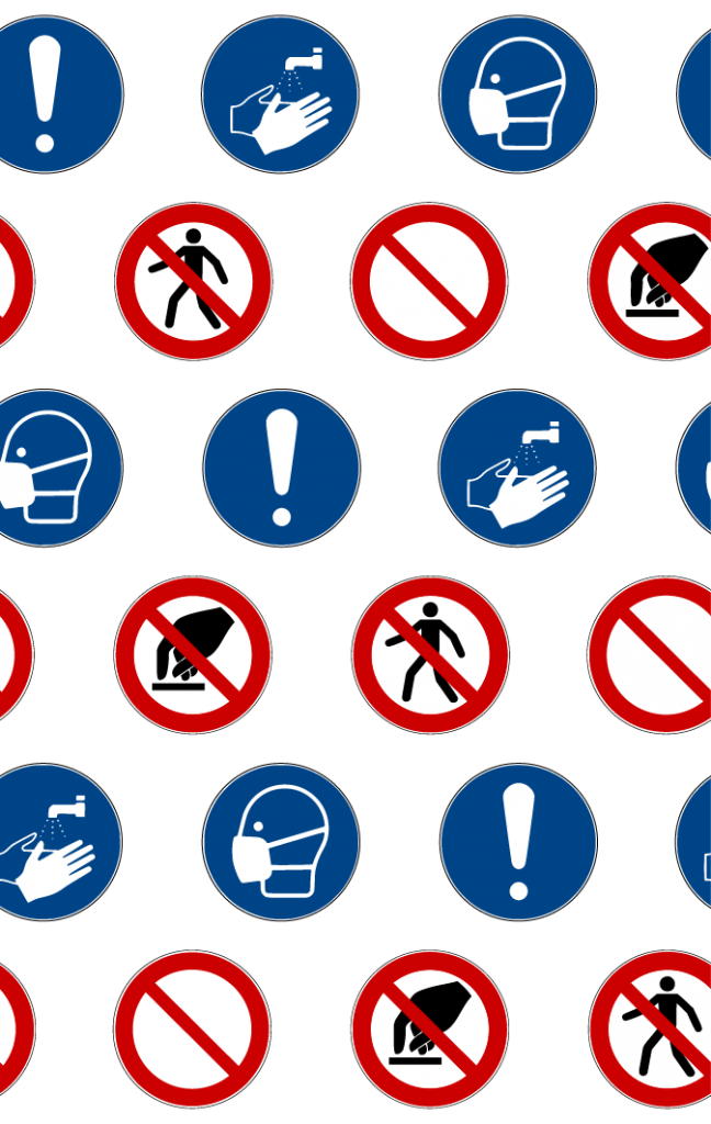 Repeating pattern with alternating rows of blue mandatory action icons and red prohibited icons