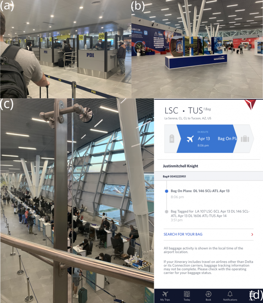 A sequence of images showing customs, the entrance to the international airport terminals, a familiar scene upon entry to Chile, and a baggage claim update on the Delta app.